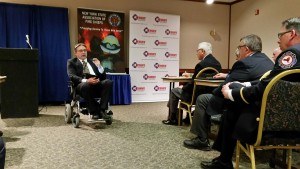 Chief Bryant Stevens of the Office of Fire Prevention and Control addresses over 100 firefighters from all over New York gathered for Fire Service Government Affairs Day. 
