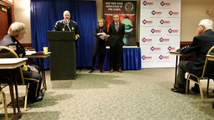 State Assembly members Aileen Gunther and Anthony Brindisi address fire service representatives May 4 on Fire Service Government Affairs Day in Albany. 